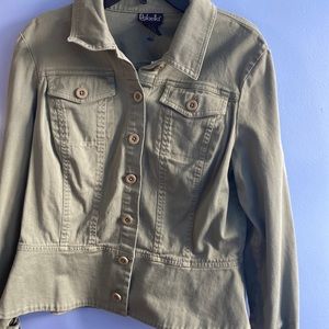 a green button down jacket